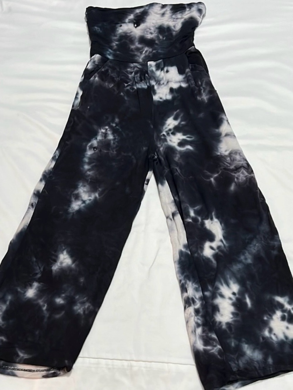 Tie-Dye Strapless Wide-Leg Jumpsuit in Black & White